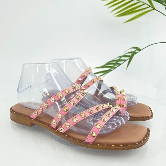 Steve Madden Selina Spiked Sandals Women's 8 Pink Gold Strappy Slip On Slides - Picture 1 of 12